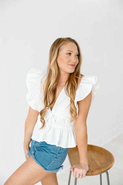 White Flounce Sleeve Top